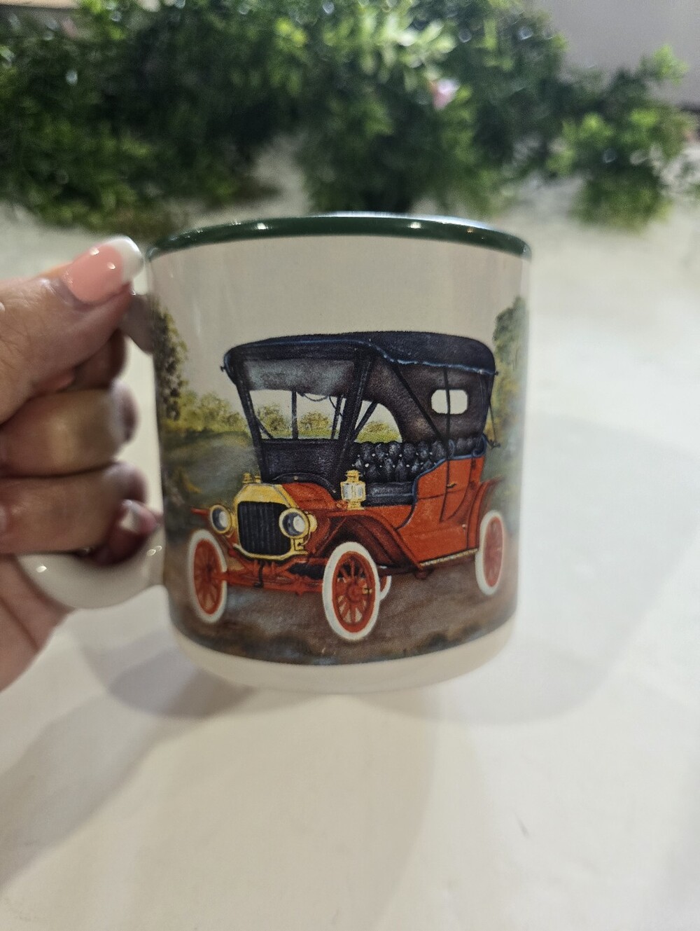 Burton & Burton Red Vintage Car Mug Green Rim And Inside 2005 *